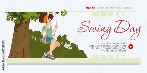 Seesaw riding day. Girl on swing. Illustration for internet and mobile website.