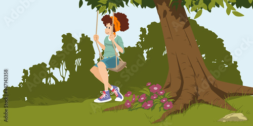 Seesaw riding day. Girl on swing. Illustration for internet and mobile website.