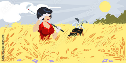 Golfer girl got lost during match. Illustration for internet and mobile website.