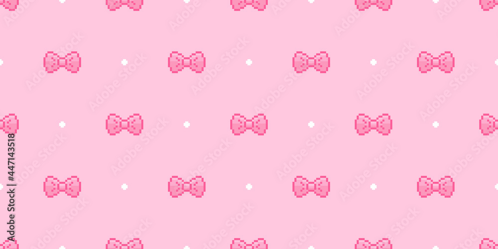 Pixel art bows and ribbons pink seamless pattern. Vector 8 bit cute princess background.