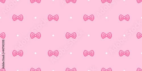 Pixel art bows and ribbons pink seamless pattern. Vector 8 bit cute princess background.