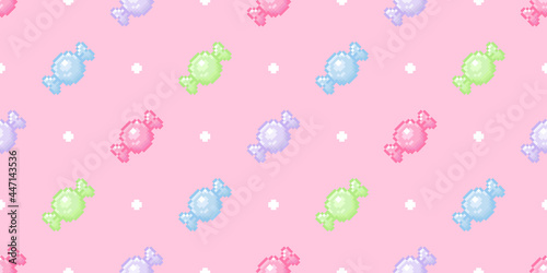 Pixel art sweet candy pink seamless pattern. Vector 8 bit cute girl background or backdrop.