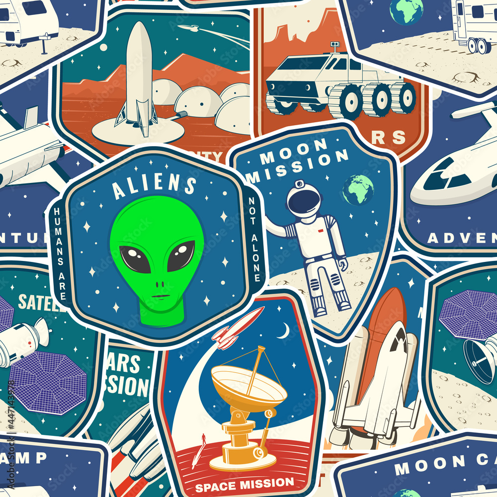Fototapeta premium Set of space mission colorful seamless pattern with space rocket alien, mars city, camper van on the moon and earth silhouette. Vector. Background, wallpaper, seamless pattern with patches