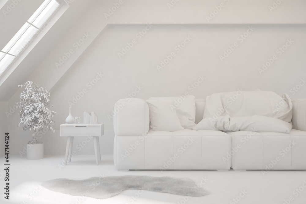 Mock up of minimalist living room in white color with sofa. Scandinavian interior design. 3D illustration