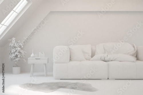 Mock up of minimalist living room in white color with sofa. Scandinavian interior design. 3D illustration