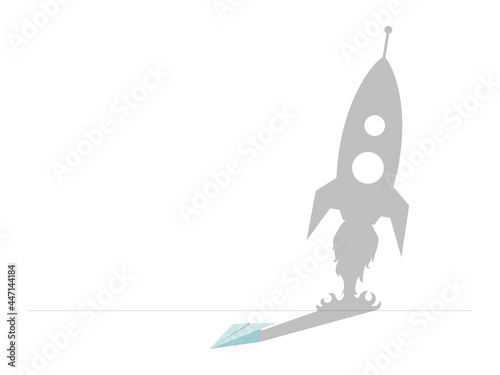 Paper plane with shadow in the shape of rocket vector flat illustration isolated on white background. Hidden potential, business motivation, make dreams come true concept.