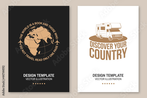 Set of travel badge, logo Travel inspiration quotes with travel motorhome, caravan car, globe silhouette. Vector. Motivation for traveling flyer, brochure, banner poster typography, flyer, brochure.