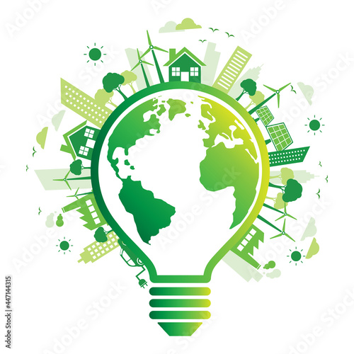 Green city with ecology earth logo light bulb. sustainable and environmental friendly concept. isolated on white background. vector illustration in flat style modern design.