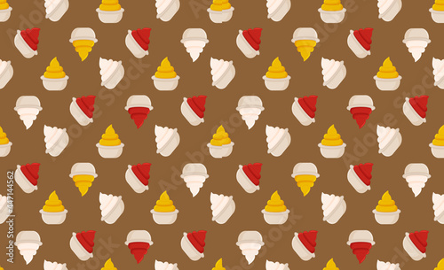 Seamless pttern ketchup, french mustard and mayonnaise in bowl set isolated. Spice dressing composition in ramekin. Side view, vector illustration for food packaging