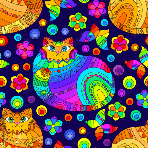 Seamless pattern with bright cats and flowers in stained glass style on a dark background