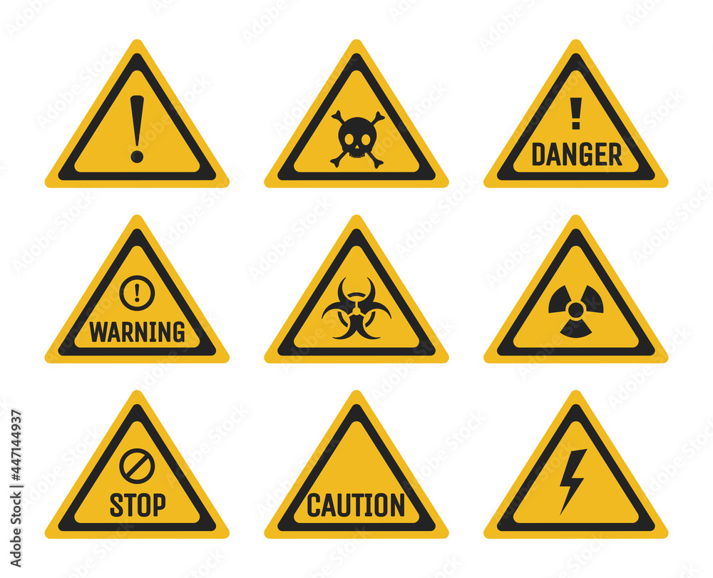 Set of prohibition and warning signs vector flat illustration. Danger, stop, and caution pictograms isolated on white background. Radiation, toxic, and biohazard labels. Toxic and poison area. Set of prohibition and warning signs vector flat illustration. Danger, stop, and caution pictograms isolated on white background. Radiation, toxic, and biohazard labels. Toxic and poison area.