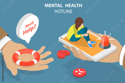 3D Isometric Flat Vector Conceptual Illustration of Mental Health Hotline, Online Psychological Assistance Service