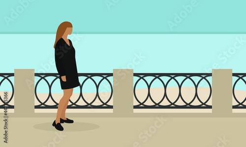 Female character in dress and shoes stands on the embankment