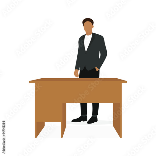 Male character in business attire stands at the table on a white background