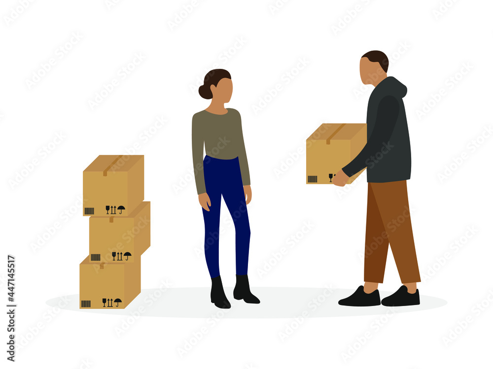 Female character near a heap of cardboard boxes and a male character with a box in his hands are standing together on a white background Female character near a heap of cardboard boxes and a male character with a box in his hands are standing together on a white background