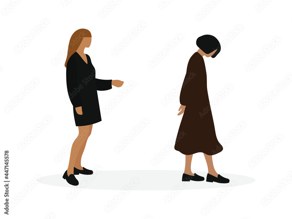 One sad female character walking away from another female character isolated on white background