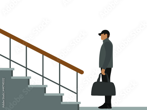 Male character with bag in hand stands in front of stairs on white background