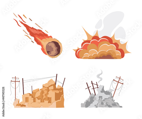 Natural disaster vector flat illustrations isolated on white background. Large burning falling meteorite, big explosion, destroyed city buildings after war or earthquake. World in collapse concept.