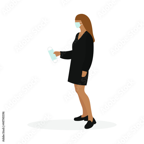Female character in a medical mask and with a medical mask in hand stands on a white background