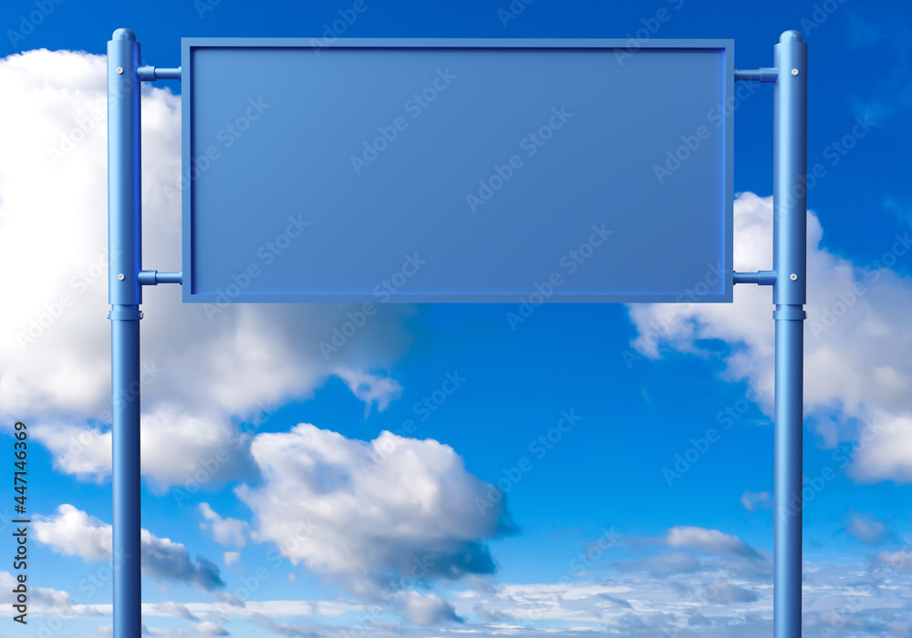 Rack for advertising or sign. Metal stand for banner. Stand for advertising on sky background. Stand banner. Blue pillar for advertising banner. Place your advertisement. Clouds behind rack Rack for advertising or sign. Metal stand for banner. Stand for advertising on sky background. Stand banner. Blue pillar for advertising banner. Place your advertisement. Clouds behind rack