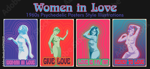Women in Love, 1960s Psychedelic Posters Style Illustrations, Art Nouveau Beauties and Psychedelic Colors