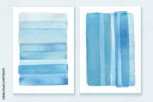 Blue watercolor backgrounds. Minimal wall art set. Sea, sky hand painted texture. Rectangle frame.