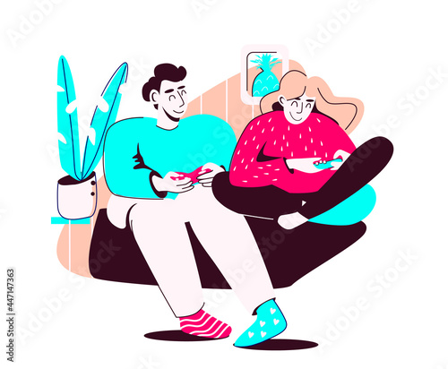 A young man and a woman play consoles while sitting on the couch together in a familiar home environment. The concept of a family evening together. Vector illustration isolated on white background.
