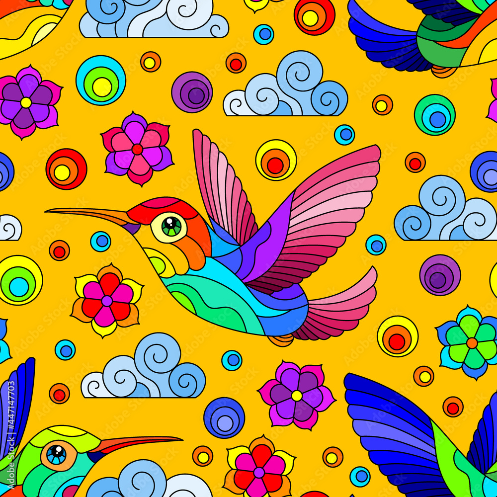 Fototapeta premium Seamless pattern with bright Hummingbird birds, clouds and flowers, bright birds on an orange background