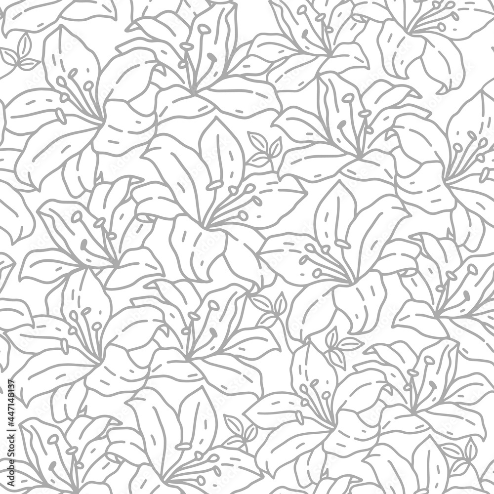 Vector seamless pattern in a hand-drawn style. Lily flowers and leaves. Linear drawing, monochrome colors. Detailed plant element, botanical illustration. Vintage background design, print, textile. Vector seamless pattern in a hand-drawn style. Lily flowers and leaves. Linear drawing, monochrome colors. Detailed plant element, botanical illustration. Vintage background design, print, textile.