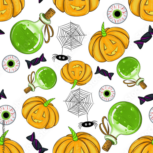 Set of flat hand draw badges for decorating Halloween greeting and promotional items. Sticker, badge and logo in the form of a pumpkin, eyes, drink, hat. Characters and items.