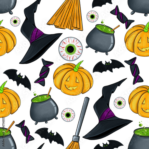 Set of flat hand draw badges for decorating Halloween greeting and promotional items. Sticker, badge and logo in the form of a pumpkin, eyes, drink, hat. Characters and items.