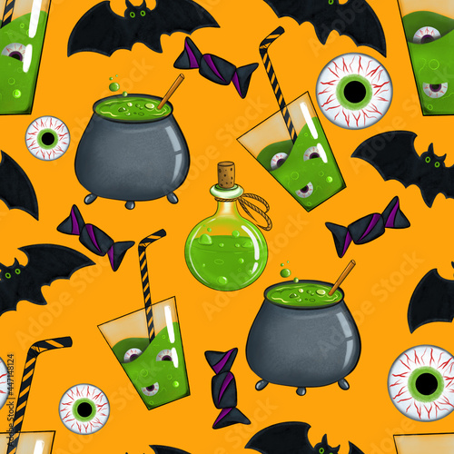Set of flat hand draw badges for decorating Halloween greeting and promotional items. Sticker, badge and logo in the form of a pumpkin, eyes, drink, hat. Characters and items.
