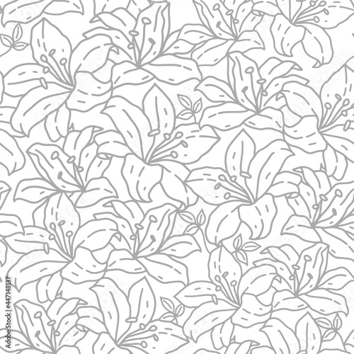 Vector seamless pattern in a hand-drawn style. Lily flowers and leaves. Linear drawing, monochrome colors. Detailed plant element, botanical illustration. Vintage background design, print, textile. © PapaRecipe