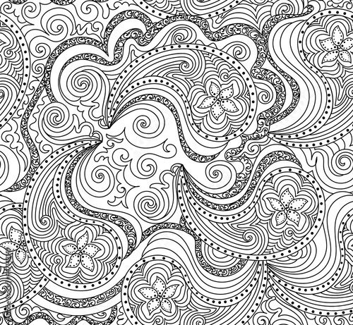 Beautiful abstract vector seamless pattern with handwritten curling lines, doodles and flowers	
