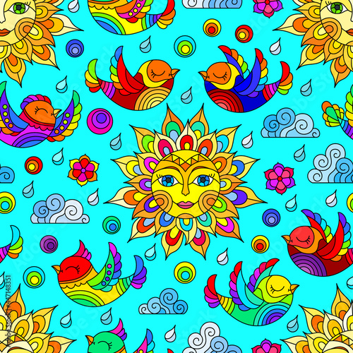 Seamless pattern with suns and bright birds on the sky background, birds on a blue background