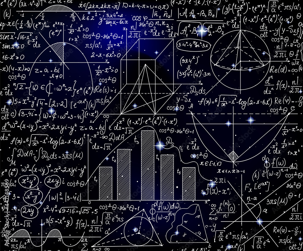 Scientific space vector seamless background with handwritten math and ...