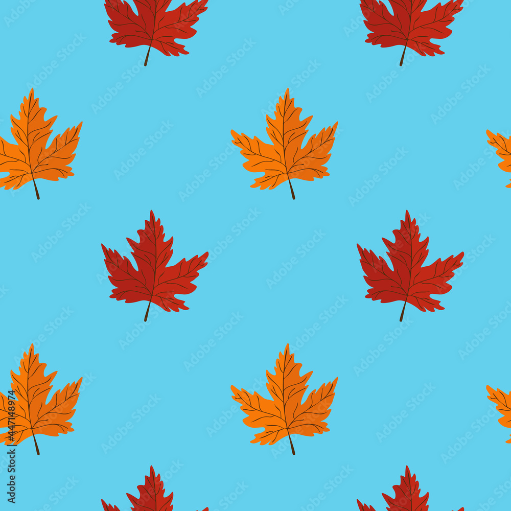 Seamless pattern with maple leaves on blue background. Abstract autumn texture. Design for fabric, wallpaper, textile and decor. Seamless pattern with maple leaves on blue background. Abstract autumn texture. Design for fabric, wallpaper, textile and decor.