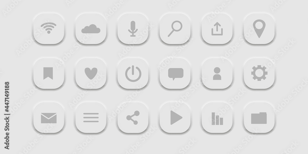 Neomorphism style icons set. Symbols for the user interface of the design software. Collection of flat icons for mobile applications, Wi-Fi, network connections, business. Vector illustration. Neomorphism style icons set. Symbols for the user interface of the design software. Collection of flat icons for mobile applications, Wi-Fi, network connections, business. Vector illustration.