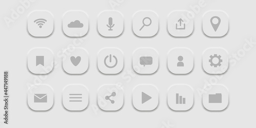 Neomorphism style icons set. Symbols for the user interface of the design software. Collection of flat icons for mobile applications, Wi-Fi, network connections, business. Vector illustration.