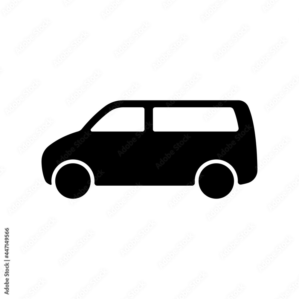 Minivan icon. Passenger minibus. Black silhouette. Side view. Vector simple flat graphic illustration. The isolated object on a white background. Isolate. Minivan icon. Passenger minibus. Black silhouette. Side view. Vector simple flat graphic illustration. The isolated object on a white background. Isolate.