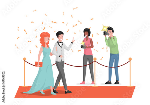 Happy smiling celebrities couple walking on red carpet and waving hands vector flat illustration. Famous woman in cocktail dress, man in suit. Actress and actor, singers or superstars characters.