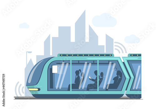 Future public express transport in city vector flat illustration. Futuristic high speed train on background of modern town. Train  locomotive with passengers and cityscape on backdrop.