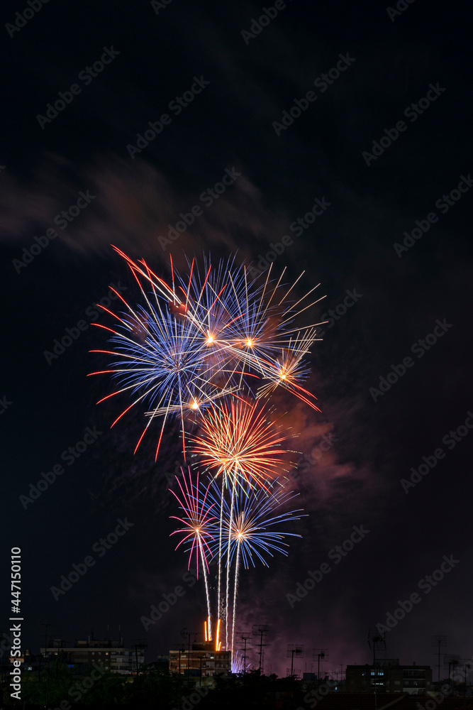 Fuegos artificiales con muchos colores sobre la ciudad y  fondo negro en formato vertical con espacio.