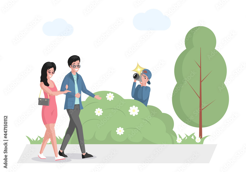 Celebrity couple walking in park, paparazzi hiding in bush with photo camera vector flat illustration. Famous man and woman spending time together, photographer with camera taking a picture. Celebrity couple walking in park, paparazzi hiding in bush with photo camera vector flat illustration. Famous man and woman spending time together, photographer with camera taking a picture.