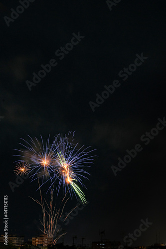 Fuegos artificiales con muchos colores sobre la ciudad y fondo negro en formato vertical con espacio.