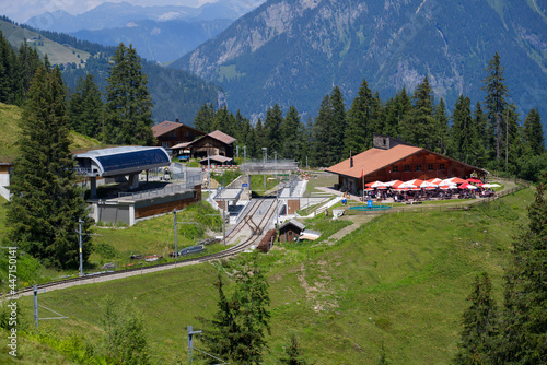 Mount Jungfrau (Virgin) at Bernese highland on a sunny summer day with blue sky background. Photo taken July 20th, 2021, Lauterbrunnen, Switzerland. photo