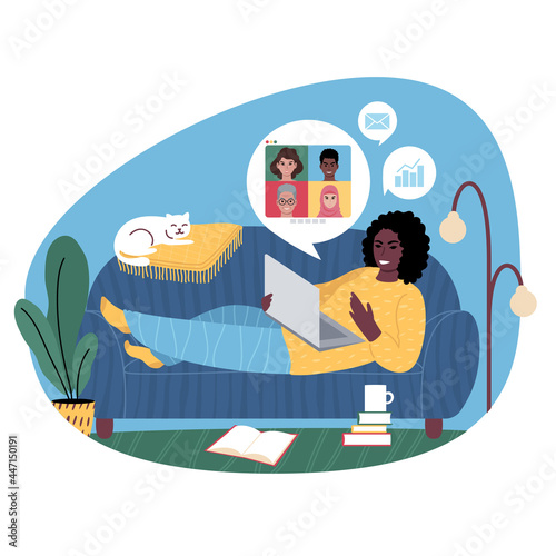 Young african woman working from home. Vector illustration.