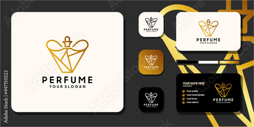 Luxury perfume logo with bottle design and business card template reference