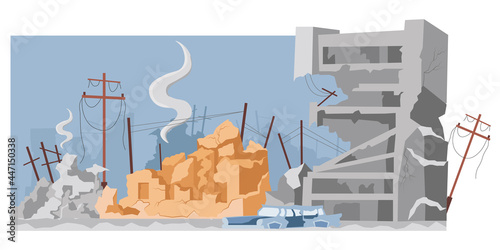 Destroyed city buildings after war or earthquake vector flat illustration. Abandoned and damaged broken constructions. Town in ruins after bomb explosion or disaster. World in collapse concept.