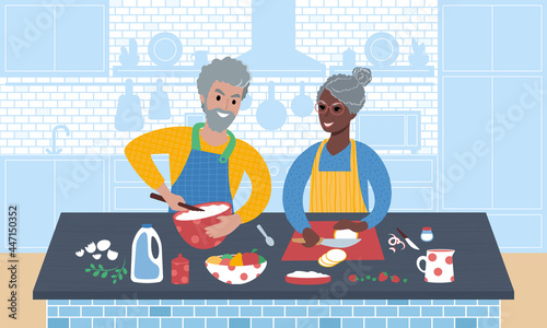 Happy senior couple cooking a meal together. Flat style vector Illustration.